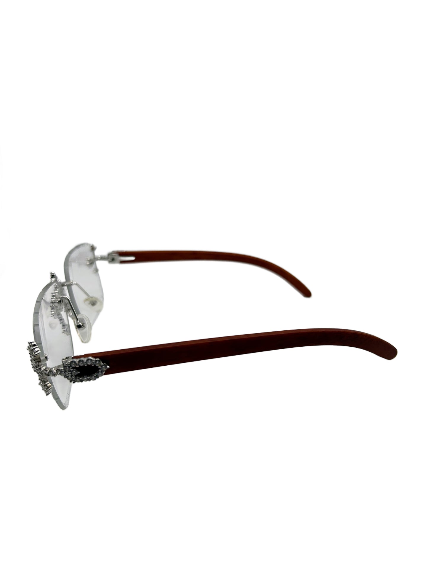 Holy Trinity Moissanite Rimless Glasses – Diamond-Cut Lenses & Iced Accents with Wooden Temples