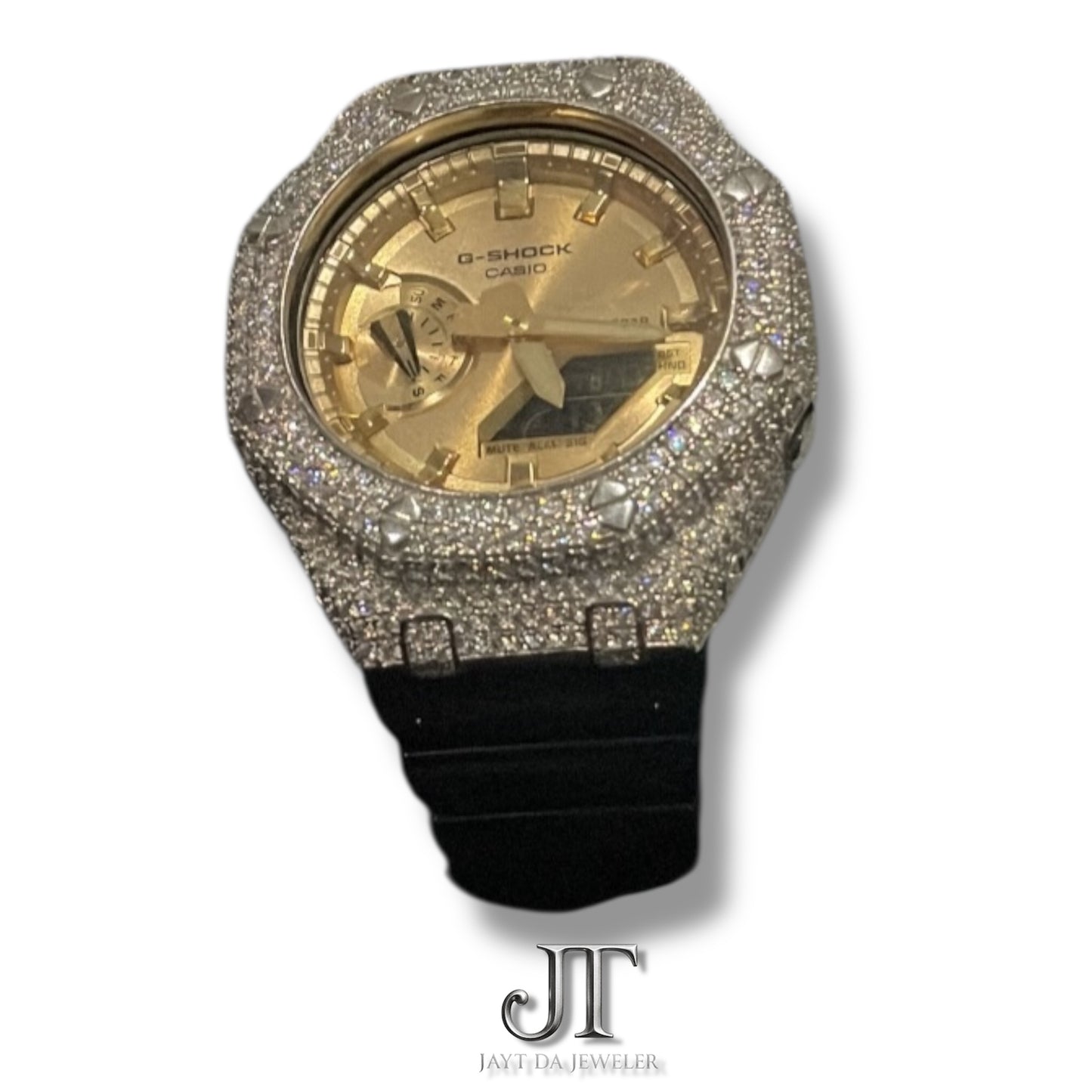 Yellow dial W black band Iced Out G shock