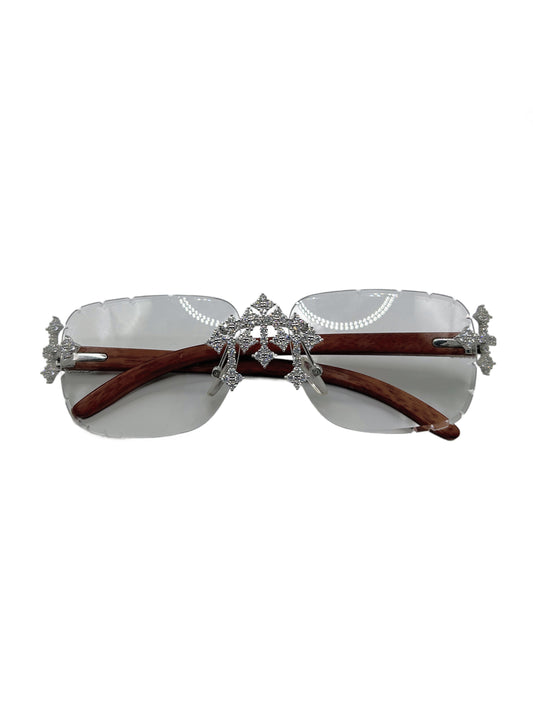 Holy Trinity Moissanite Rimless Glasses – Diamond-Cut Lenses & Iced Accents with Wooden Temples