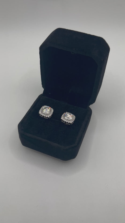 10.5mm Square Halo Moissanite VVS Earrings .925 Silver