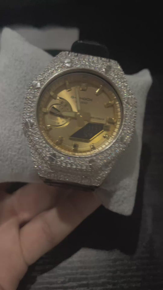 Yellow dial W black band Iced Out G shock